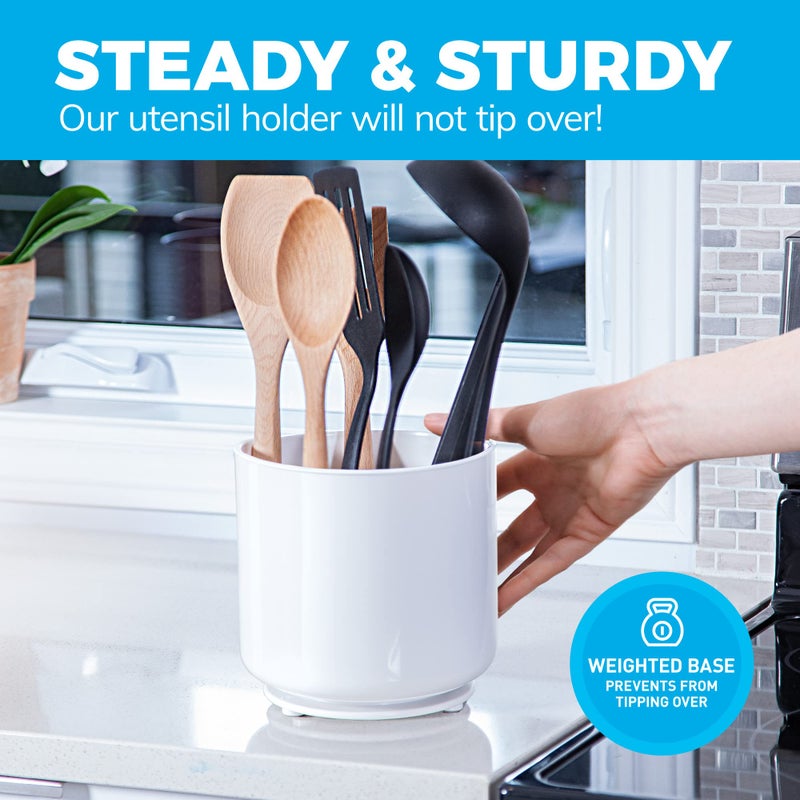 Cooler Kitchen Jumbo XL Rotating White Plastic Utensil Holder Caddy with Sturdy No-Tip Weighted Base, Removable Divider, and Gripped Insert - Dishwasher Safe Kitchen Utensil Holder for Countertop - Image 5